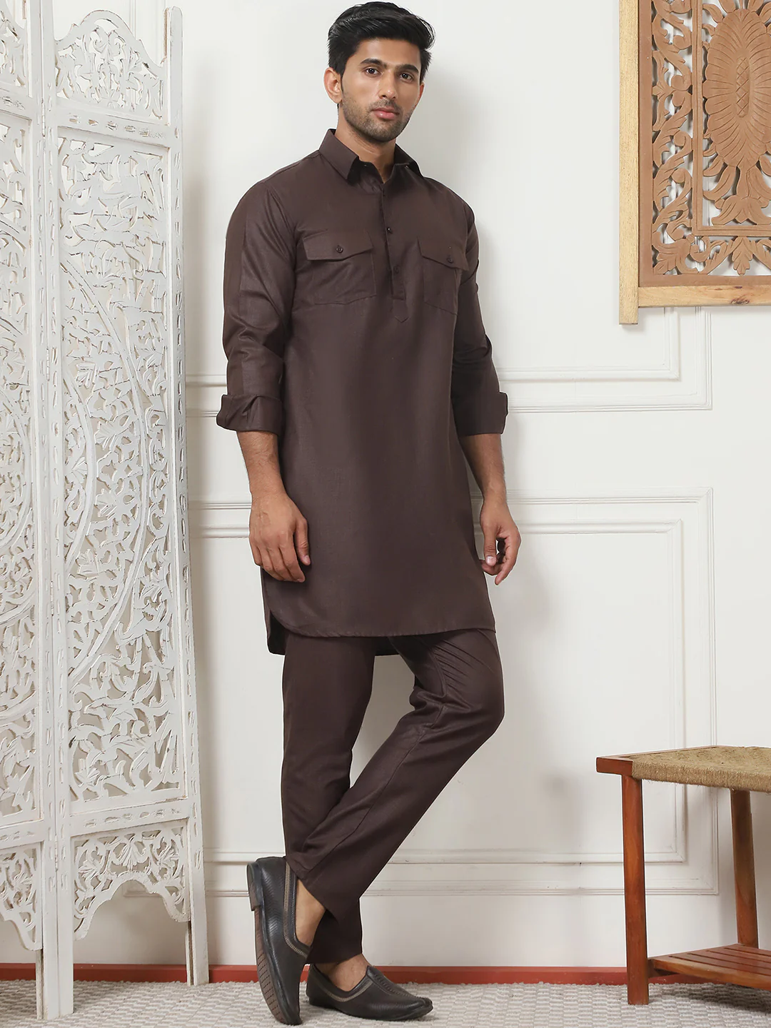 Punjabi Kurta Pajama Set Cotton – Traditional Indian Wear for Men (Coffee) - Image 4