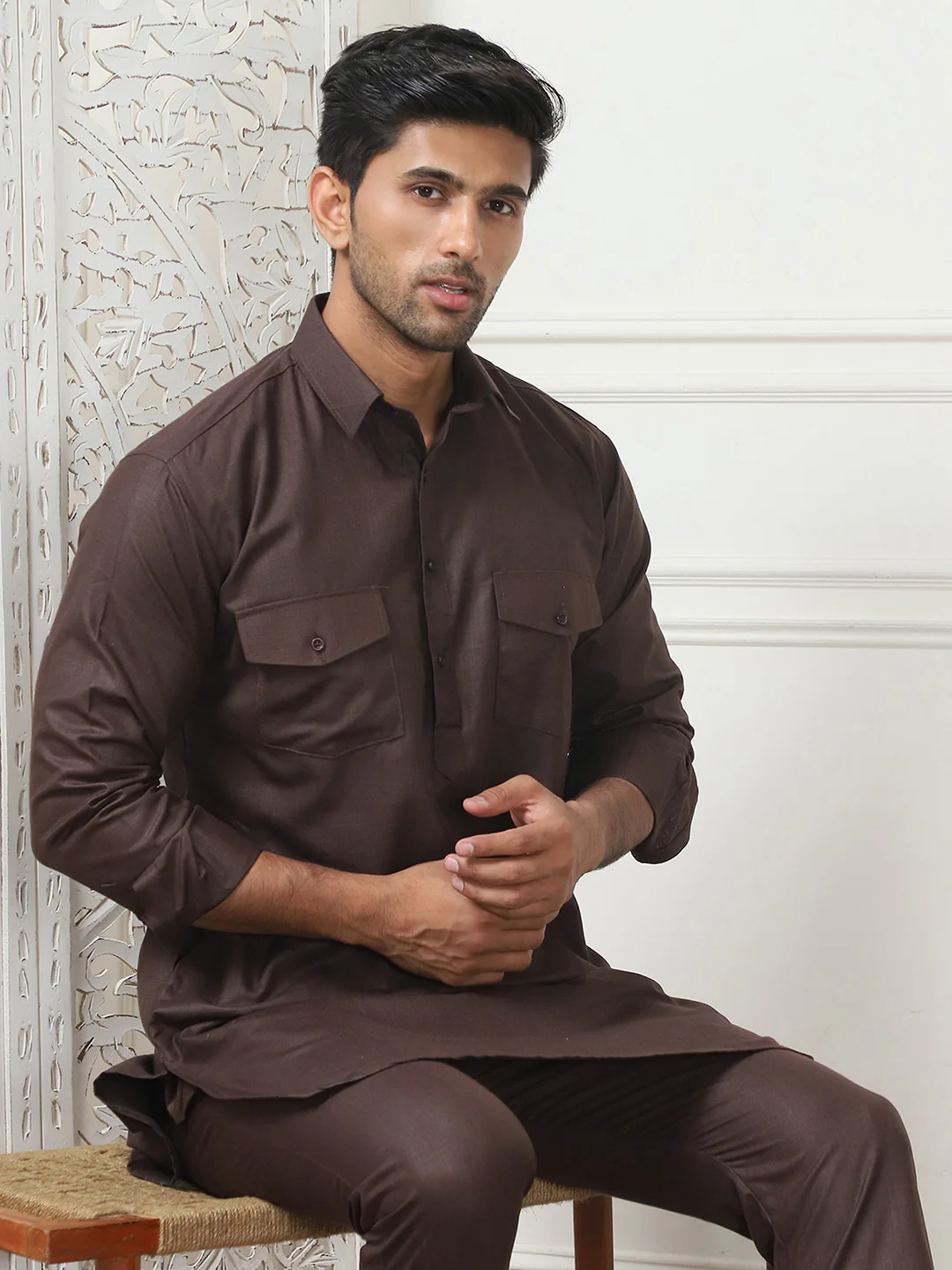 Punjabi Kurta Pajama Set Cotton – Traditional Indian Wear for Men (Coffee) - Image 5