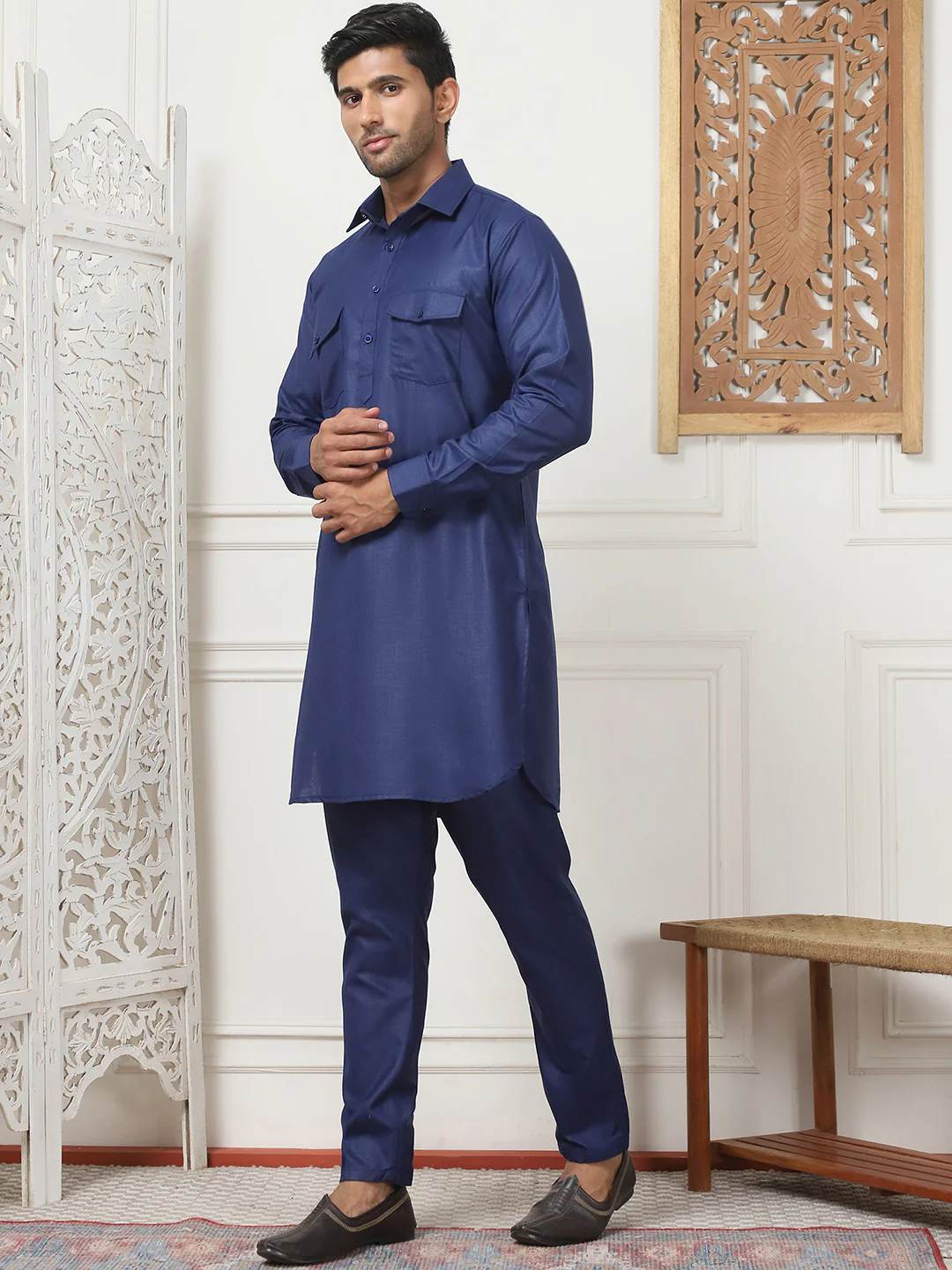 Navy Blue Punjabi Kurta Pajama Set – Cotton Indian Outfit for Men - Image 2