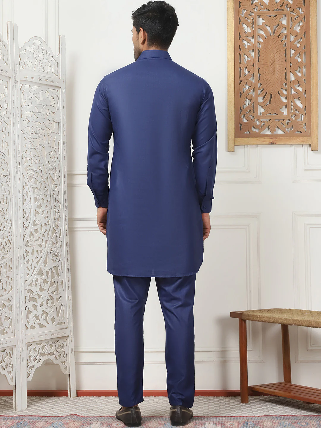 Navy Blue Punjabi Kurta Pajama Set – Cotton Indian Outfit for Men - Image 3