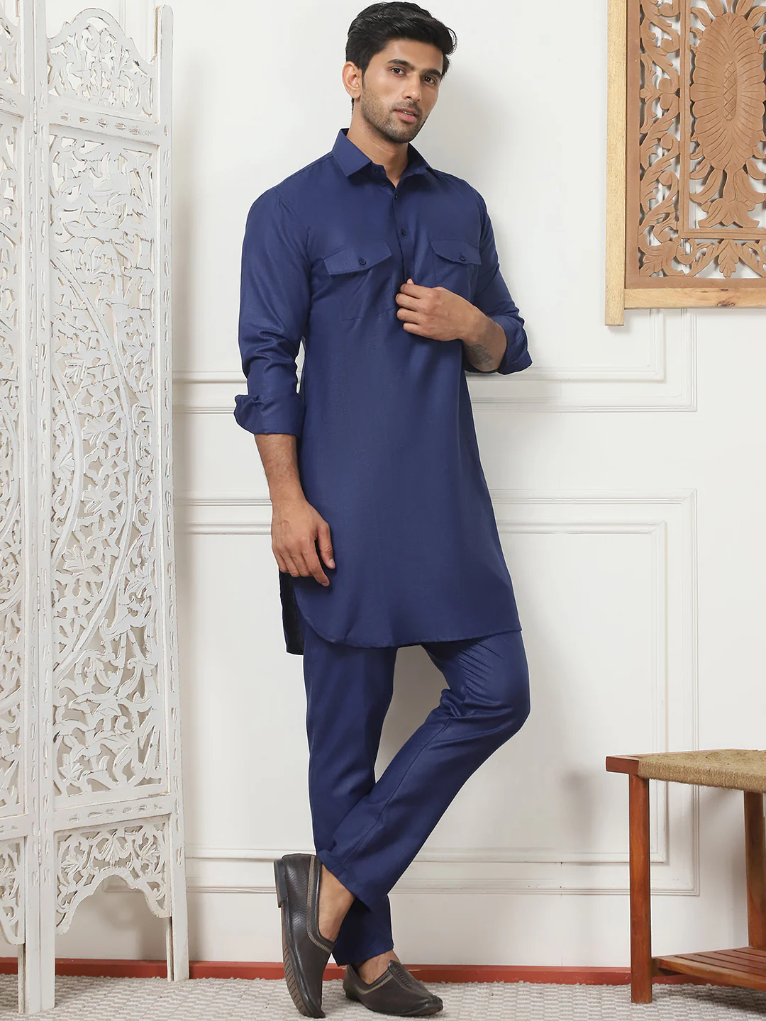 Navy Blue Punjabi Kurta Pajama Set – Cotton Indian Outfit for Men - Image 4