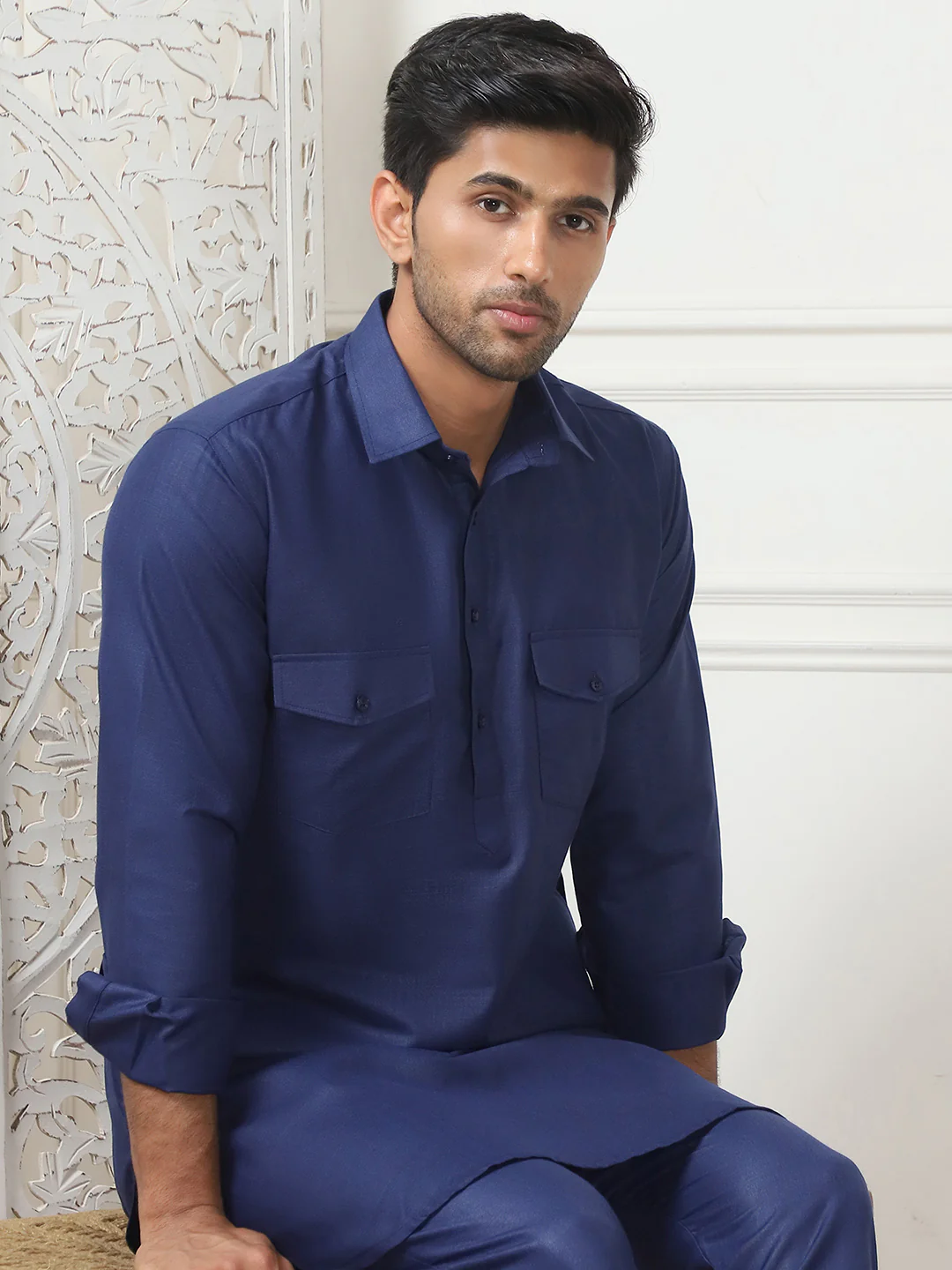 Navy Blue Punjabi Kurta Pajama Set – Cotton Indian Outfit for Men - Image 5