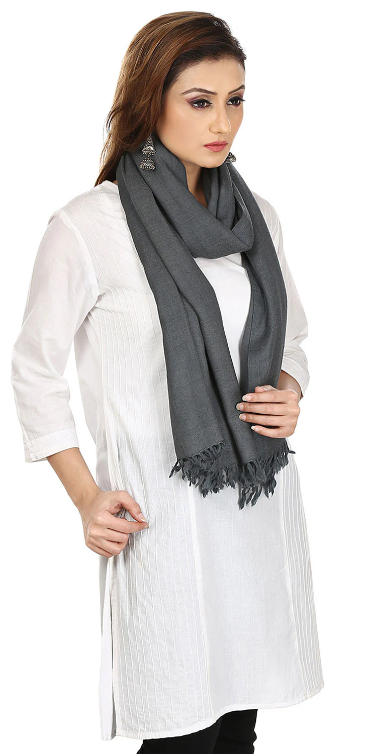 Pure Wool Scarf Shawl Womens Solid Color Indian Clothes (Grey, 80 x 28 inches) - Image 2