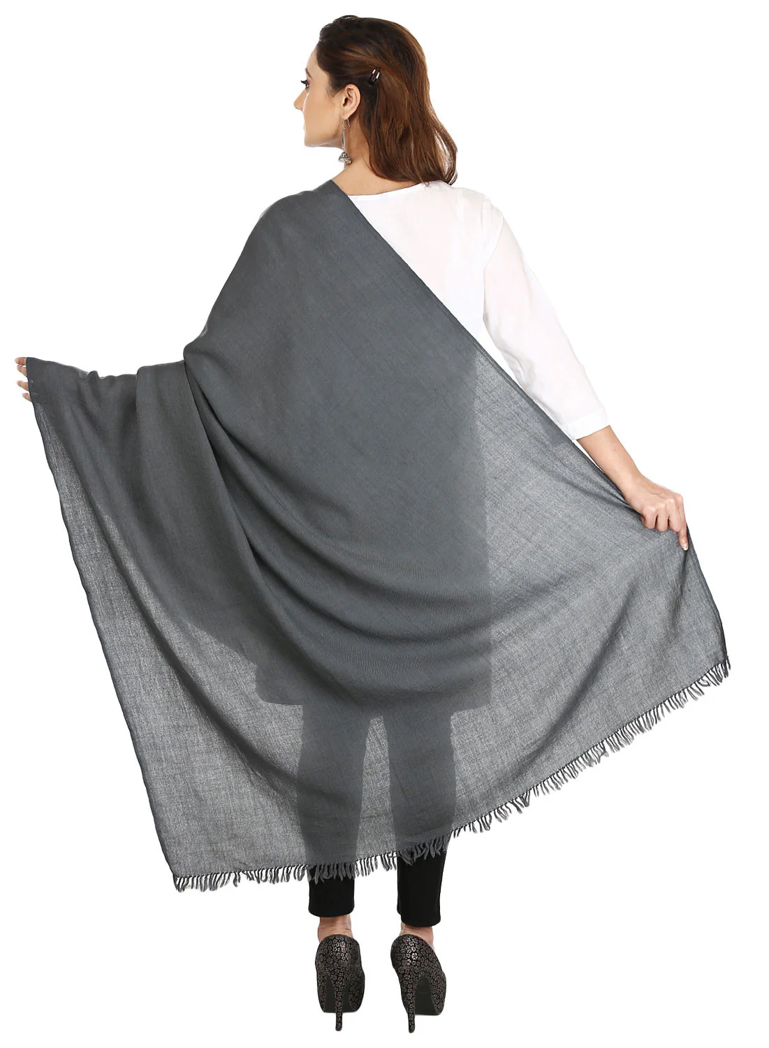 Pure Wool Shawl Scarf Womens Solid Color Indian Clothes(Grey, 80 x 40 inches) - Image 2
