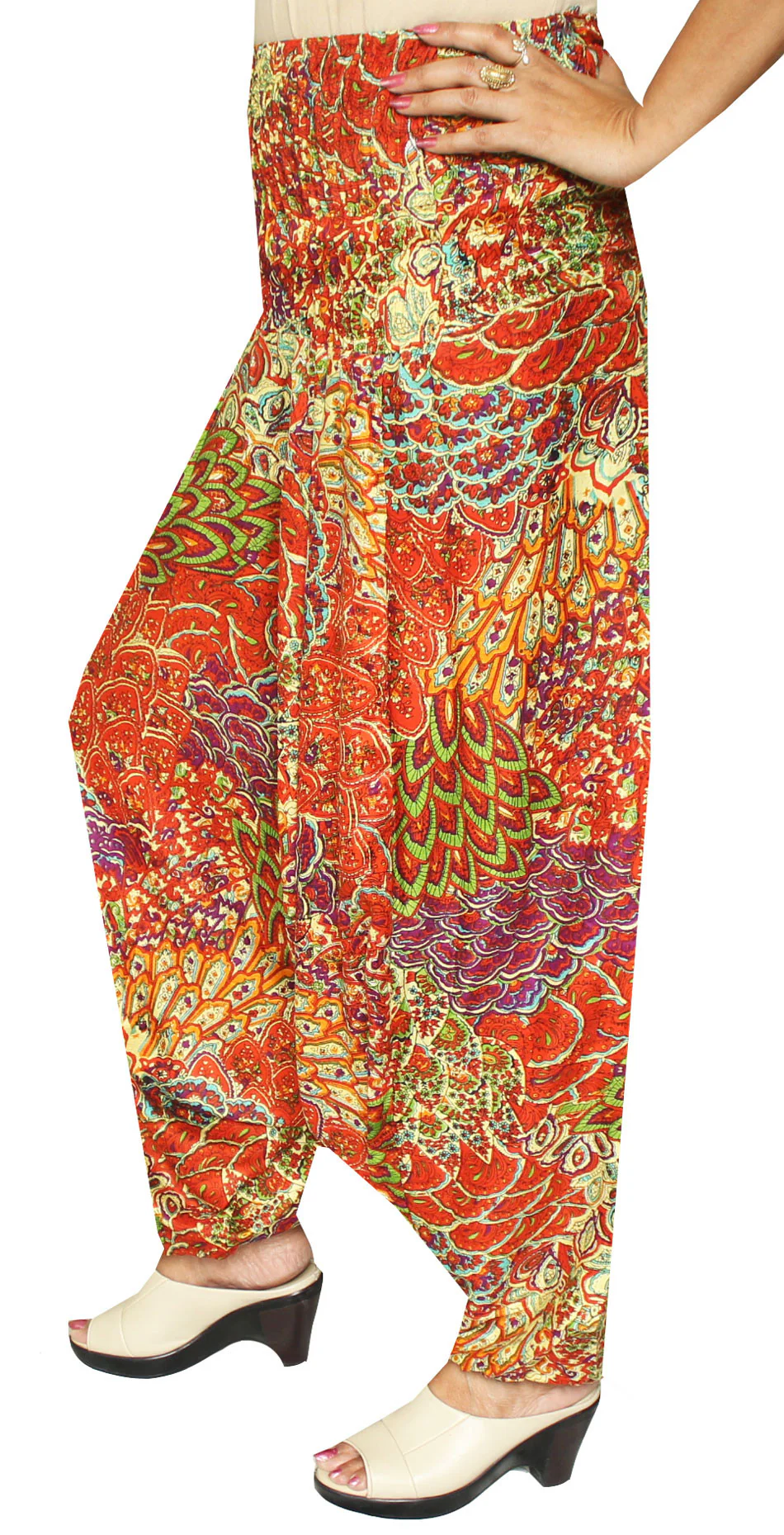 Rayon Womens Smocked Waist Harem Pants (Orange) - Image 2