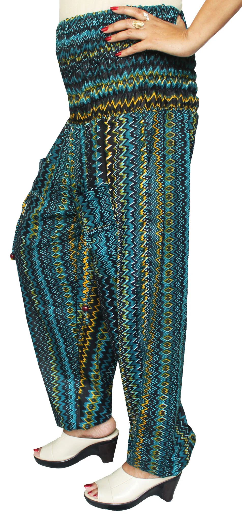 Rayon Womens Smocked Waist Harem Pants (Green) - Image 2
