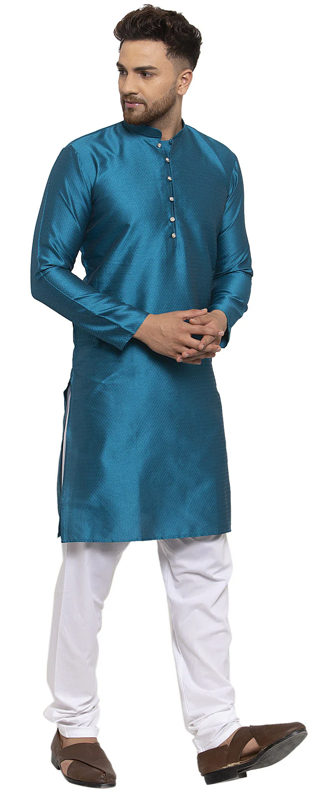 Self Design Men's Kurta pajama Evening Wear India Apparel (Blue) - Image 2