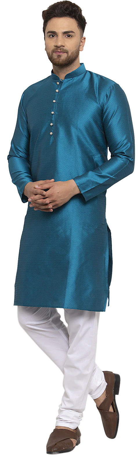 Self Design Men's Kurta pajama Evening Wear India Apparel (Blue) - Image 3