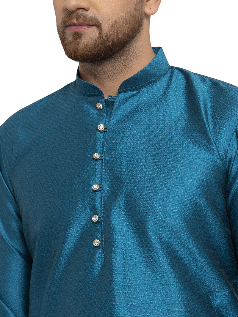 Self Design Men's Kurta pajama Evening Wear India Apparel (Blue) - Image 5