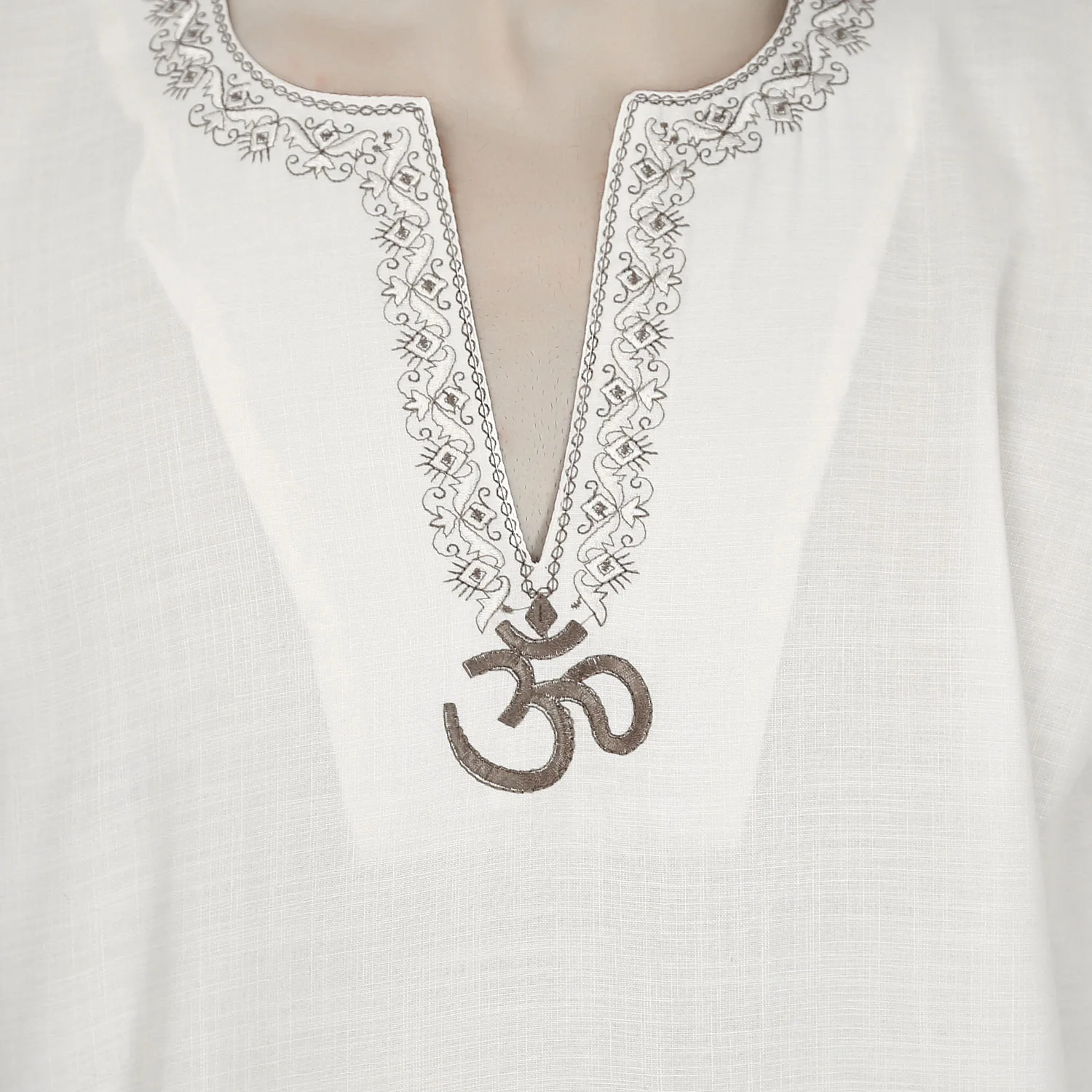 Men's Short Kurta OM Cotton Indian Traditional Clothes (Off-White) - Image 4