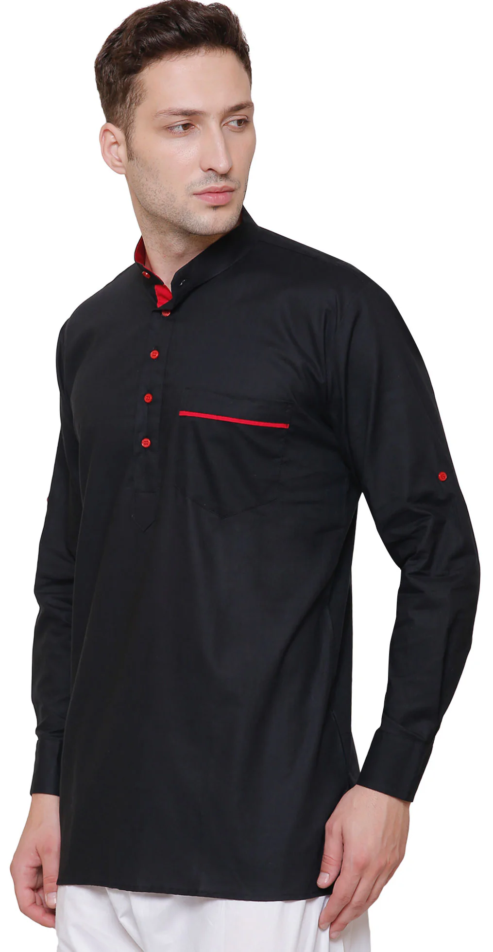 Short Kurta Shirt Mens Fine Cotton Designer Indian Fashion Clothes (Black) - Image 2