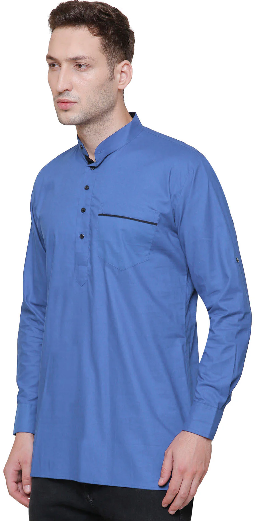 Men's Short Kurta Cotton Indian Fashion Clothes (Light Blue) - Image 2