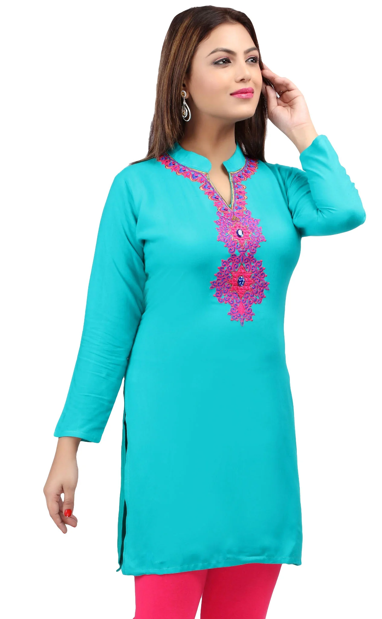 Short Kurti Women's Blouse Embroidered Indian Clothing (Turquoise) - Image 3
