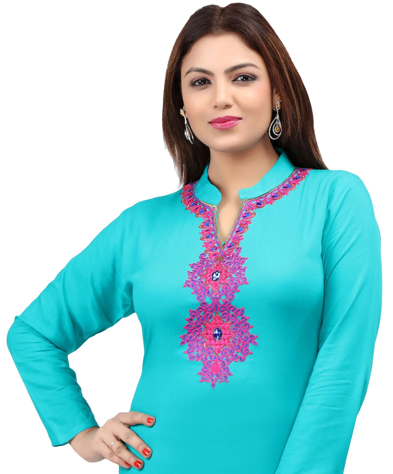 Short Kurti Women's Blouse Embroidered Indian Clothing (Turquoise) - Image 4