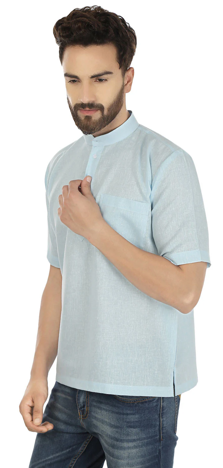 Short Sleeve Cotton Mens Kurta India Clothing (Sky Blue) - Image 2