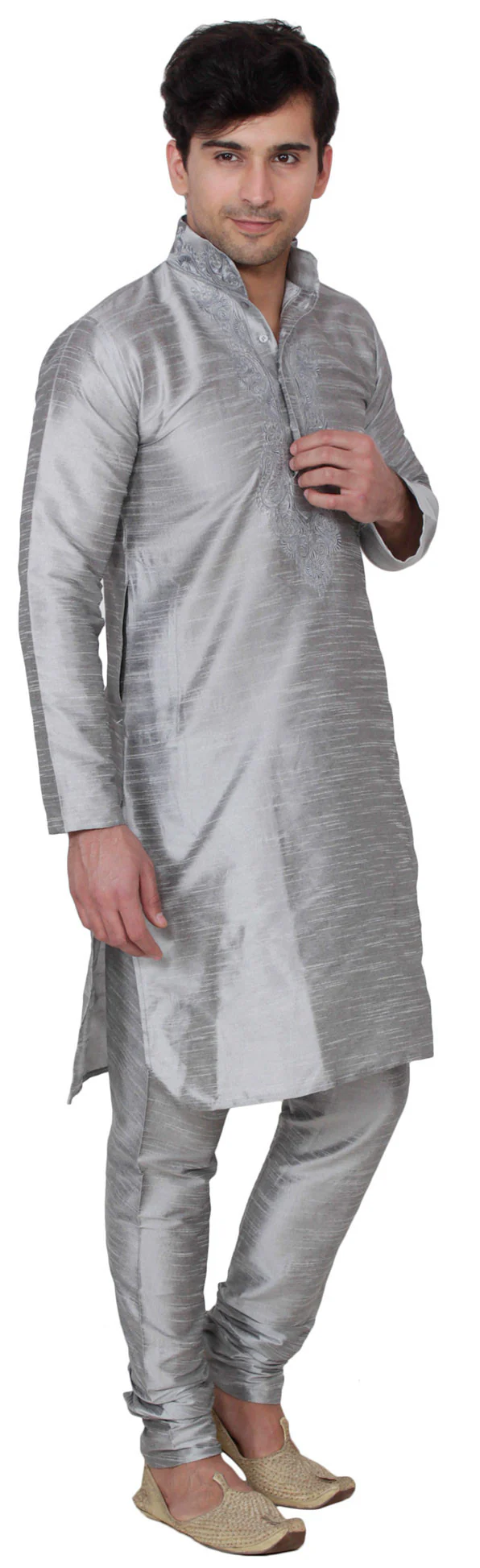 Silk Embroidered Mens Kurta Pajama India Clothing (Grey) - Image 2