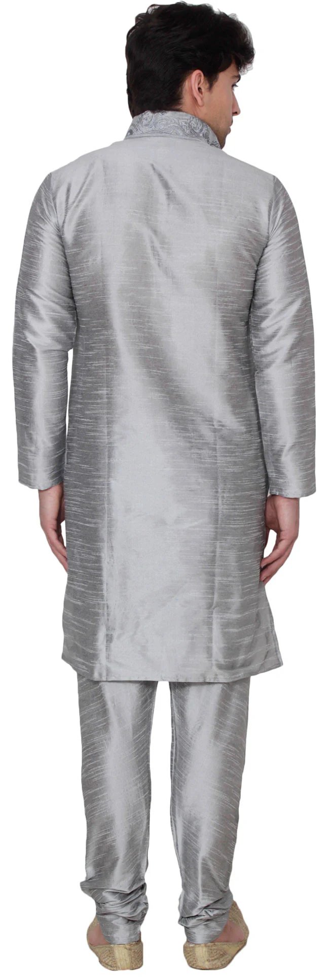 Silk Embroidered Mens Kurta Pajama India Clothing (Grey) - Image 3
