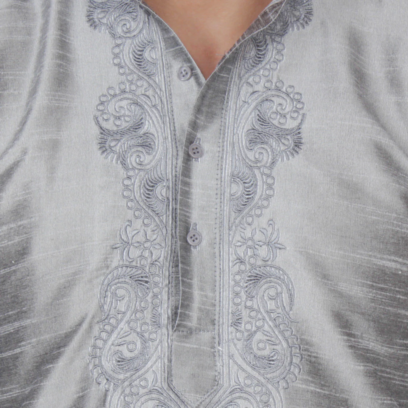 Silk Embroidered Mens Kurta Pajama India Clothing (Grey) - Image 4