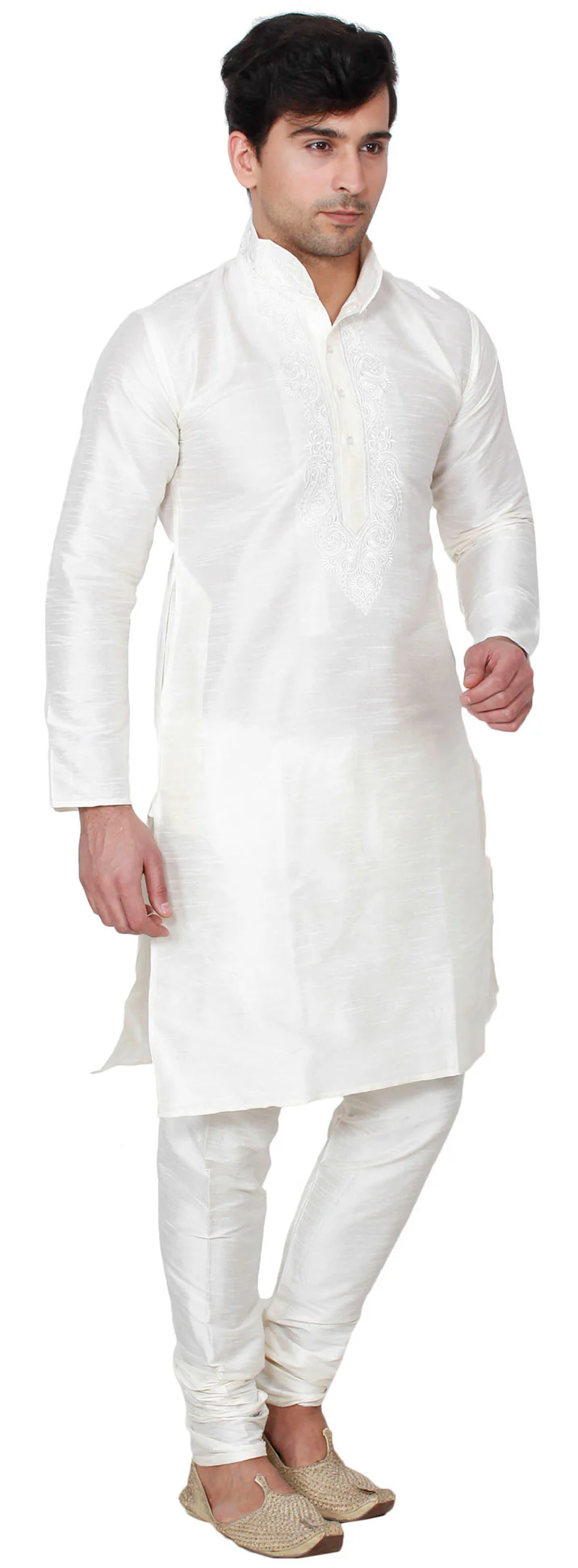 Silk Embroidered Mens Kurta Pajama India Clothing (Off-White) - Image 2
