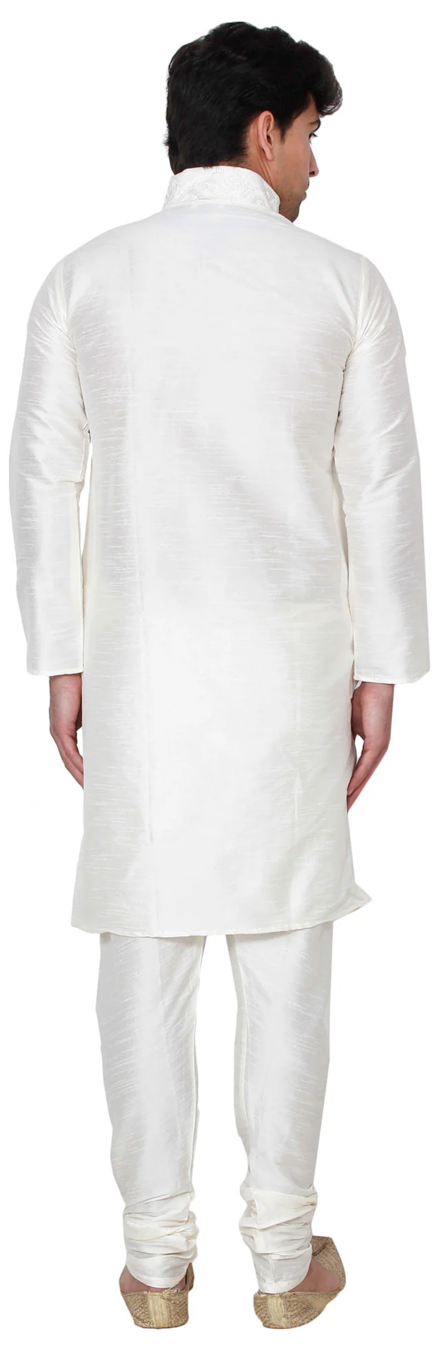 Silk Embroidered Mens Kurta Pajama India Clothing (Off-White) - Image 3
