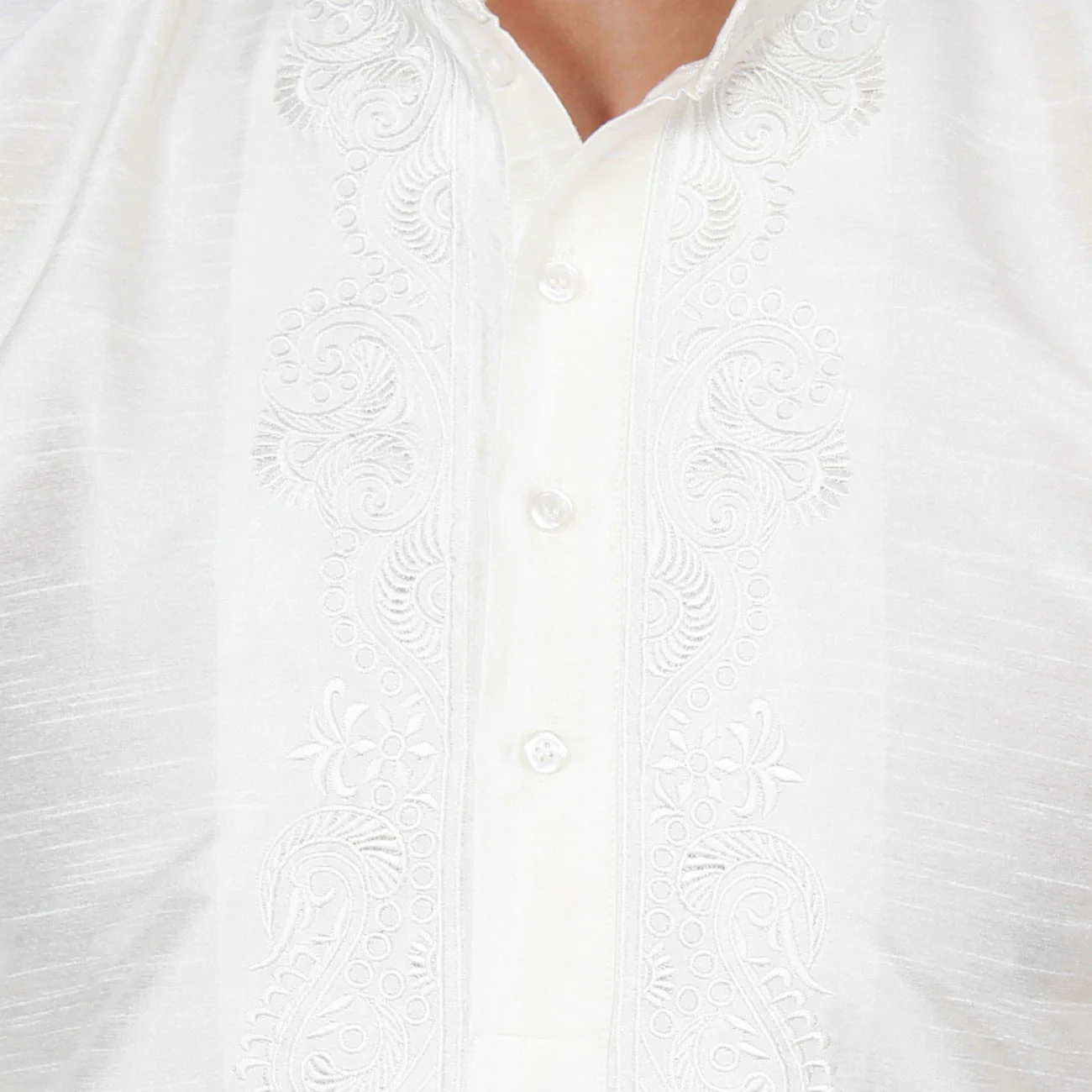 Silk Embroidered Mens Kurta Pajama India Clothing (Off-White) - Image 4