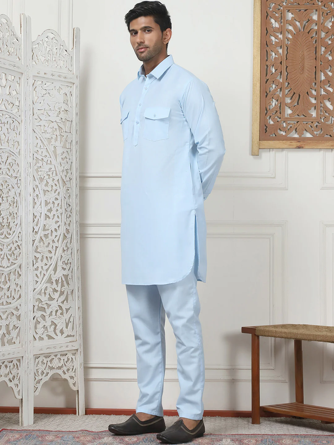 Sky Blue Punjabi Kurta Pajama Set – Cotton Indian Outfit for Men - Image 2