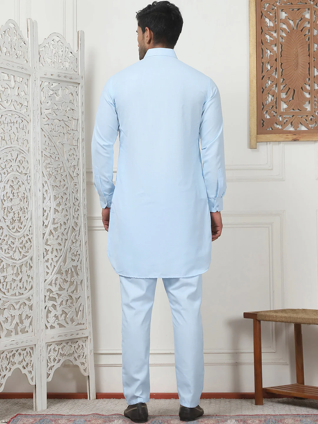 Sky Blue Punjabi Kurta Pajama Set – Cotton Indian Outfit for Men - Image 3