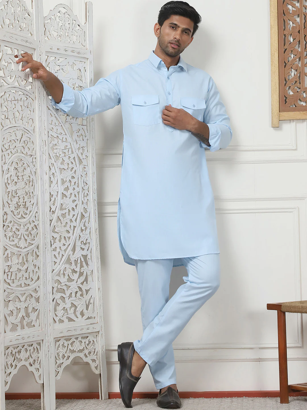 Sky Blue Punjabi Kurta Pajama Set – Cotton Indian Outfit for Men - Image 4