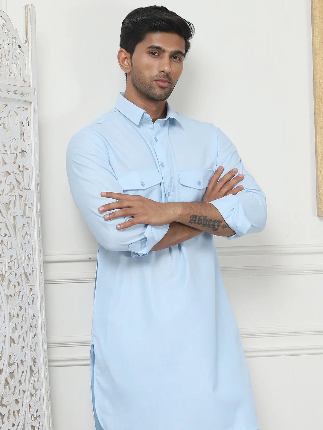 Sky Blue Punjabi Kurta Pajama Set – Cotton Indian Outfit for Men - Image 5