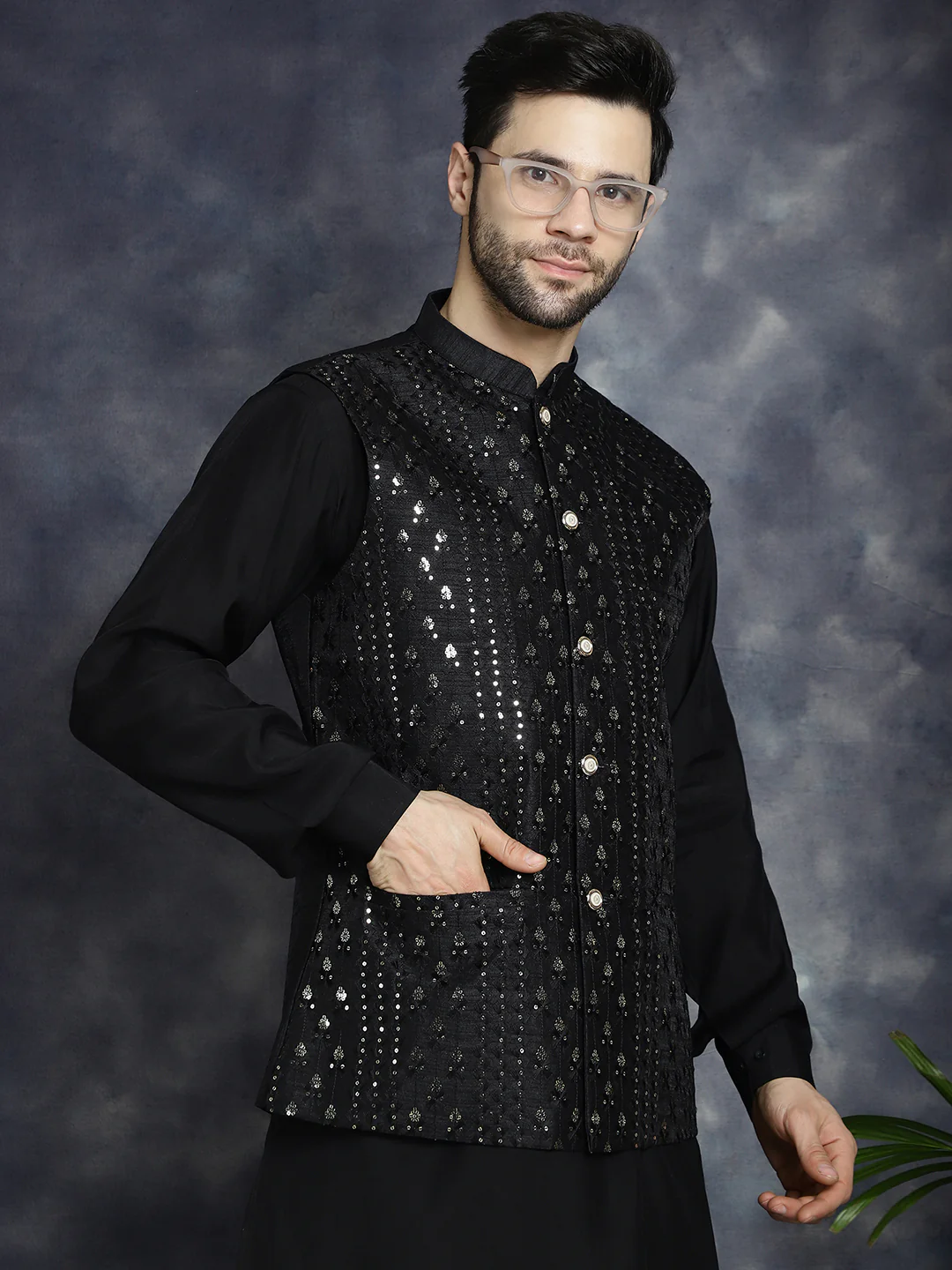 Sleeveless Nehru Jacket Indian Waistcoat for Men (Black)