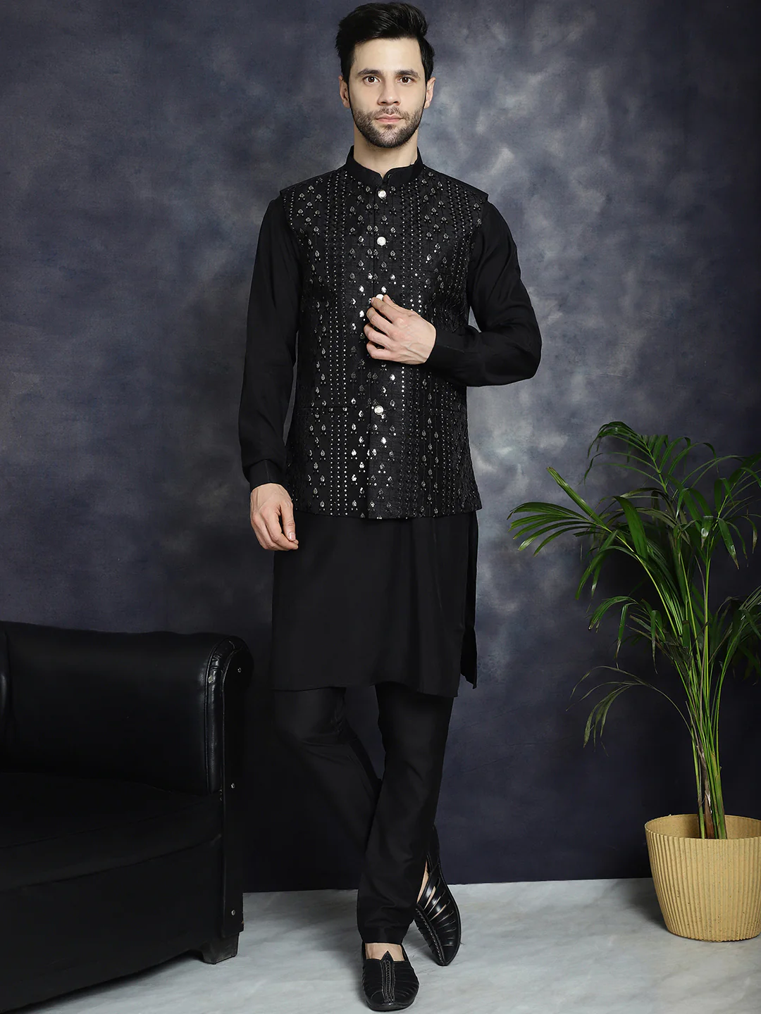 Sleeveless Nehru Jacket Indian Waistcoat for Men (Black) - Image 5