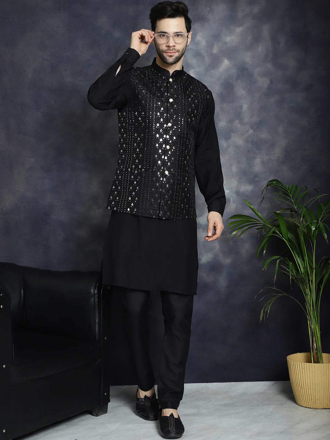 Sleeveless Nehru Jacket Indian Waistcoat for Men (Black) - Image 6