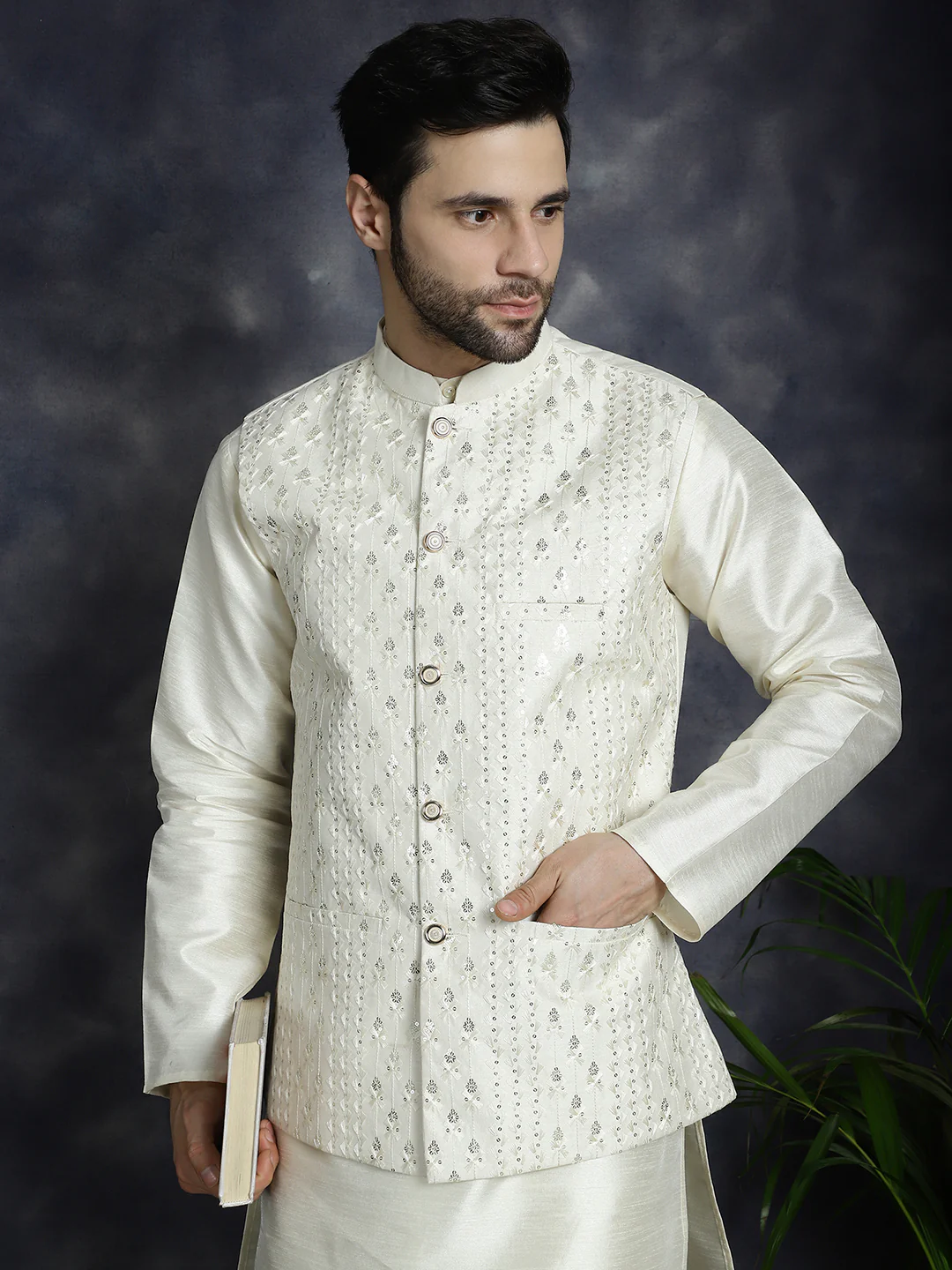 Sleeveless Nehru Jacket Indian Waistcoat for Men (Off-White)