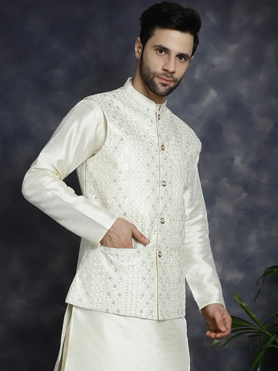 Sleeveless Nehru Jacket Indian Waistcoat for Men (Off-White) - Image 2
