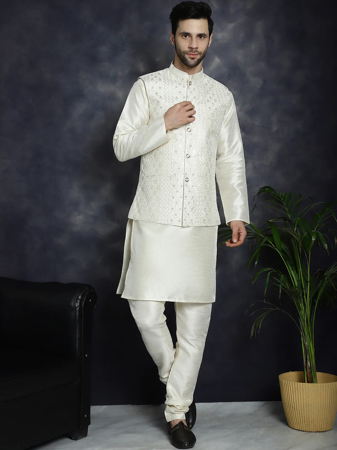 Sleeveless Nehru Jacket Indian Waistcoat for Men (Off-White) - Image 5
