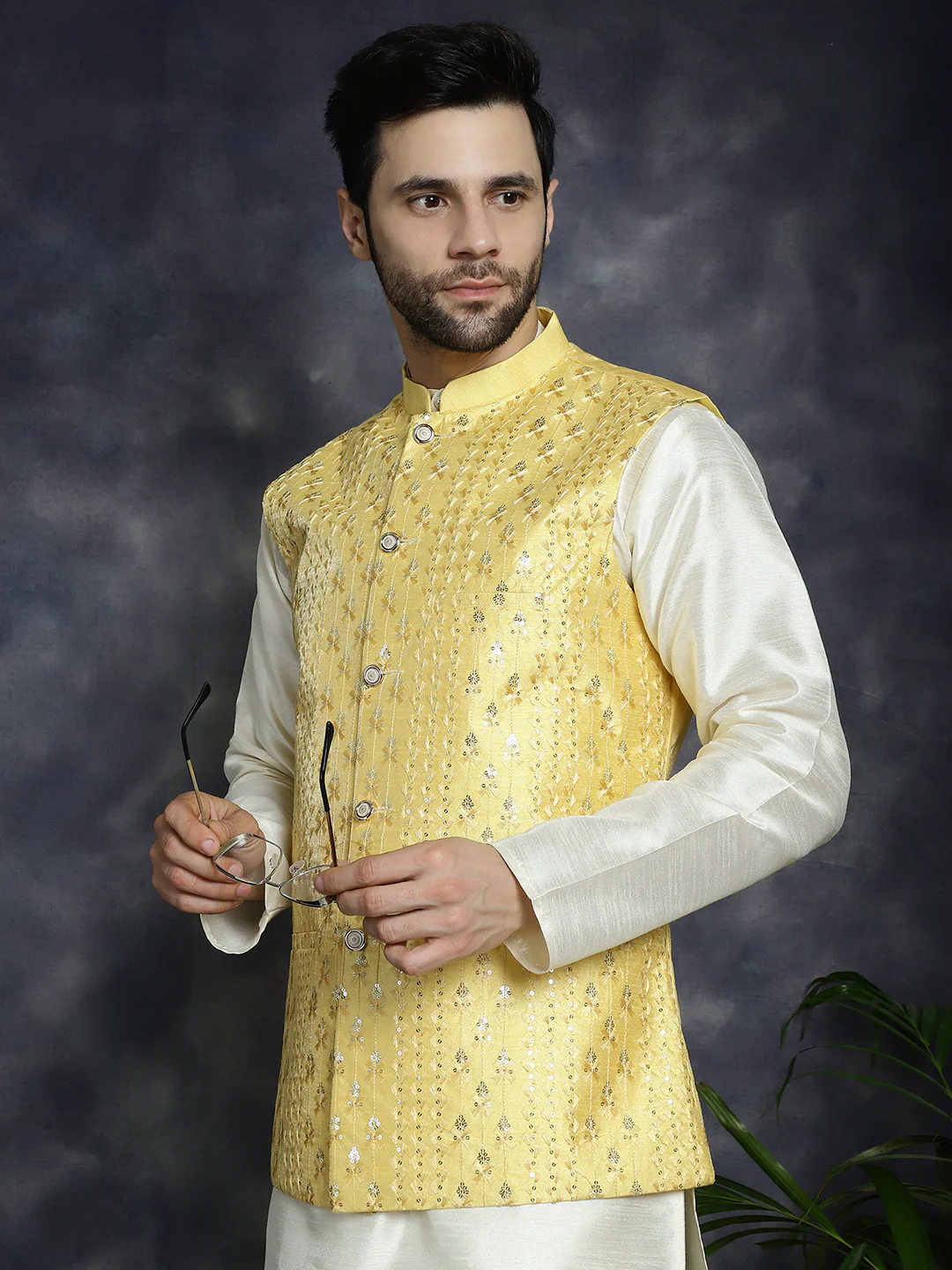 Sleeveless Nehru Jacket Indian Waistcoat for Men (Yellow)