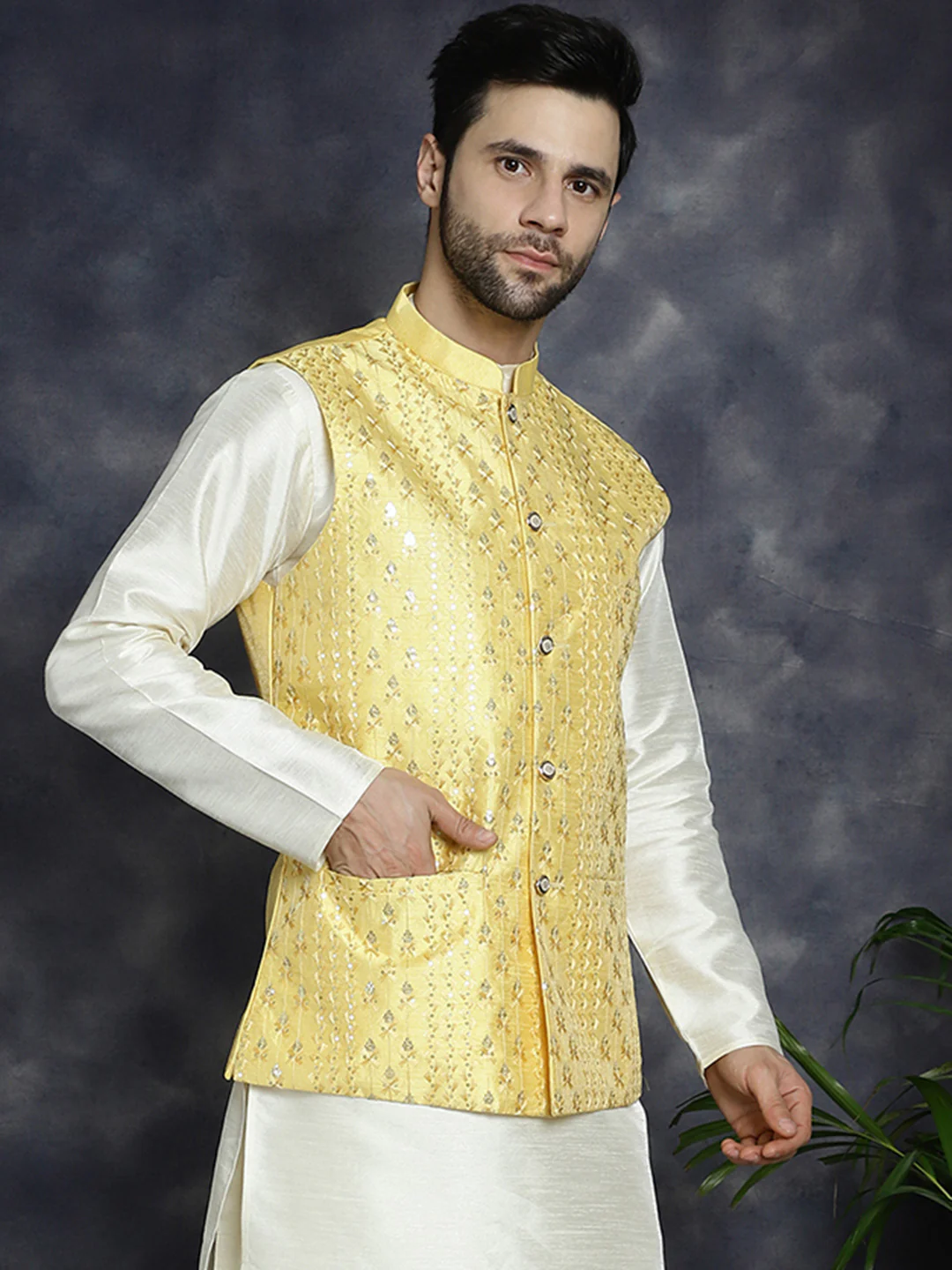 Sleeveless Nehru Jacket Indian Waistcoat for Men (Yellow) - Image 2