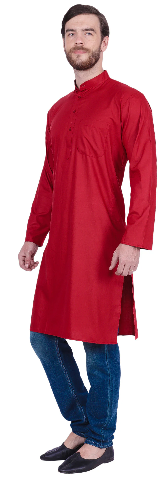 Solid Color India Cotton Men's Long Kurta Indian Clothing (Red) - Image 2