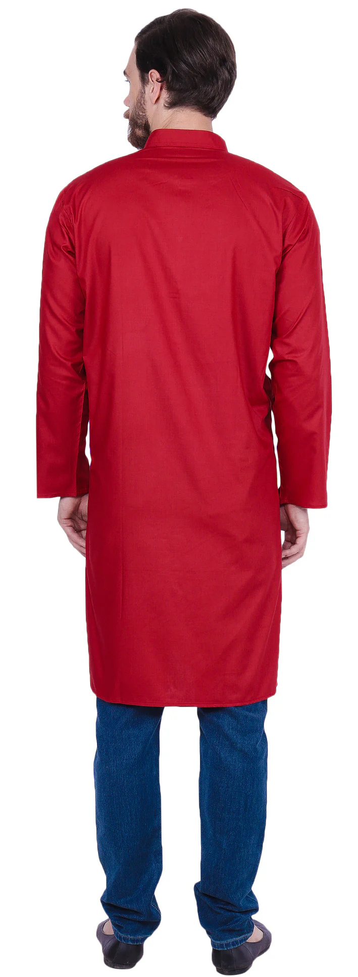 Solid Color India Cotton Men's Long Kurta Indian Clothing (Red) - Image 3