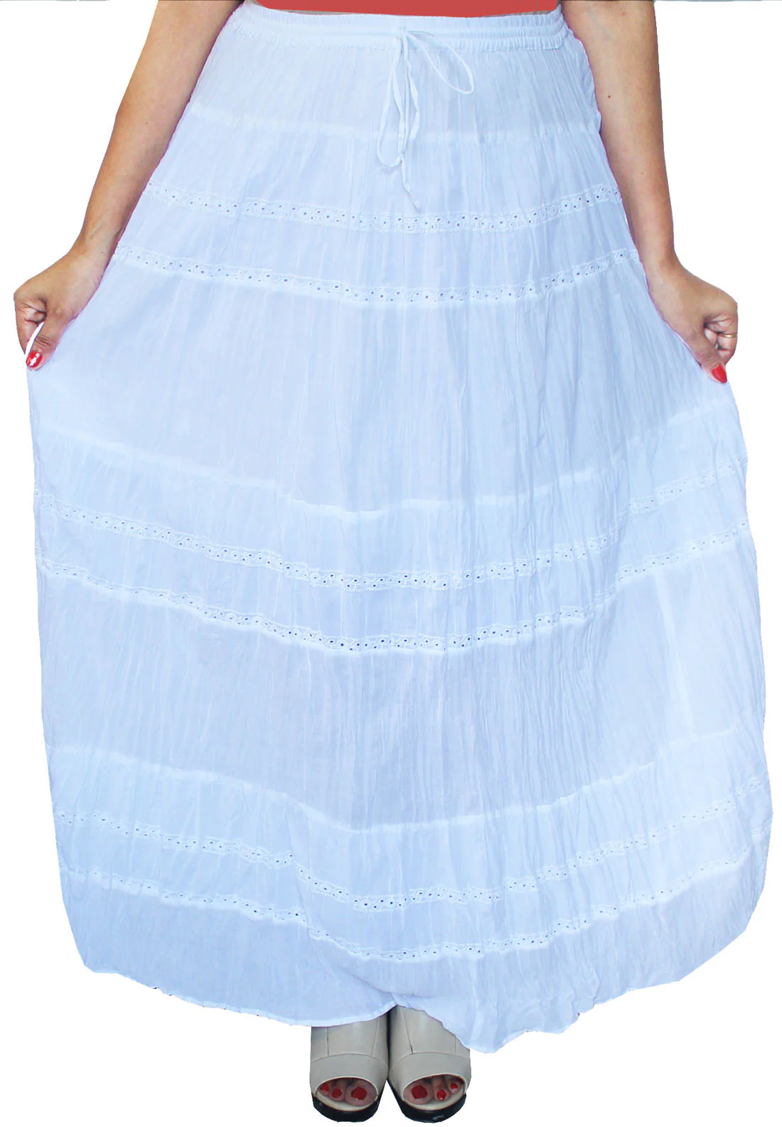 Solid Embroidered Gypsy Bohemian Full Maxi Long Cotton India Skirt (White) - Image 2