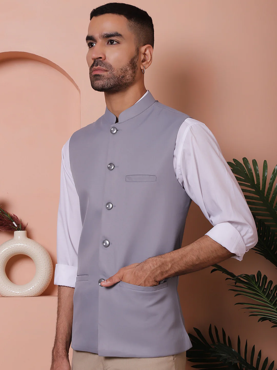Solid Color Indian Waistcoat Modi Jacket for Men (Grey) - Image 4