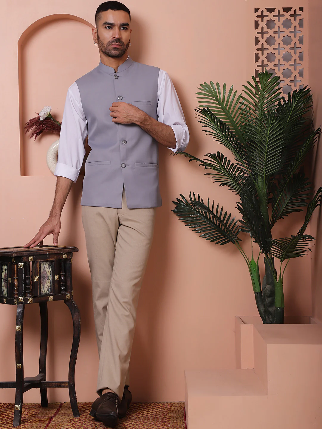 Solid Color Indian Waistcoat Modi Jacket for Men (Grey) - Image 5