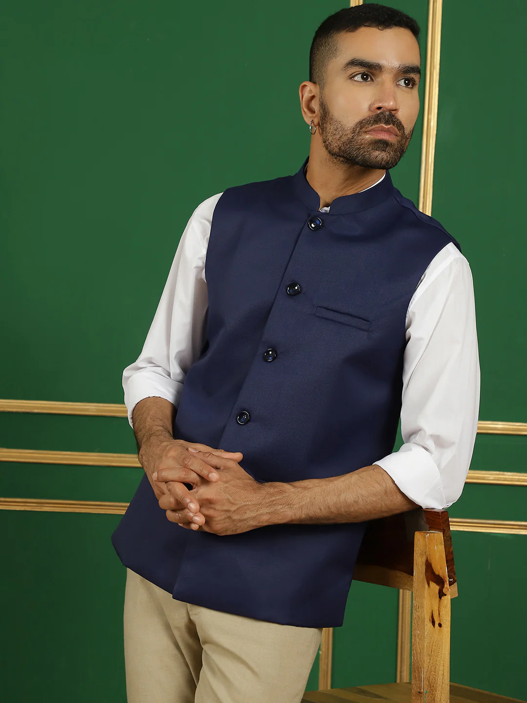 Solid Color Nehru Jacket Indian Waistcoat for Men (Navy Blue) - Image 4
