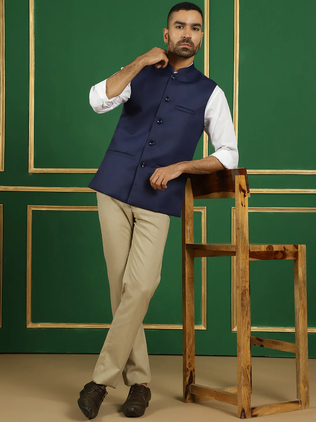 Solid Color Nehru Jacket Indian Waistcoat for Men (Navy Blue) - Image 5