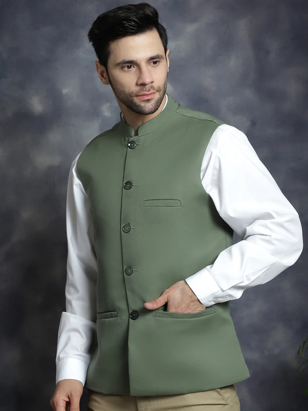 Solid Color Indian Waistcoat Nehru Jacket for Men (Pista Green) - Image 4
