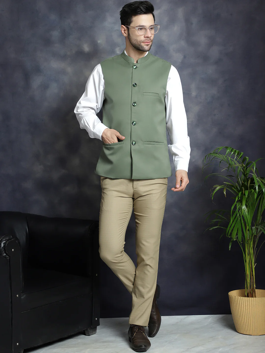 Solid Color Indian Waistcoat Nehru Jacket for Men (Pista Green) - Image 5