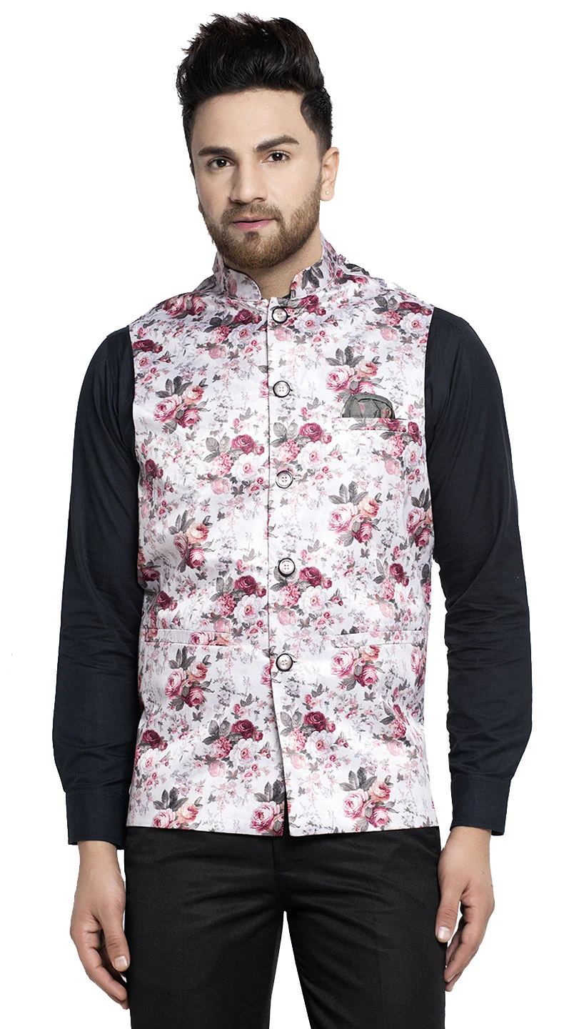 Stylish Floral Jawahar Jacket for Men with Mandarin Collar (Silver-Pink)
