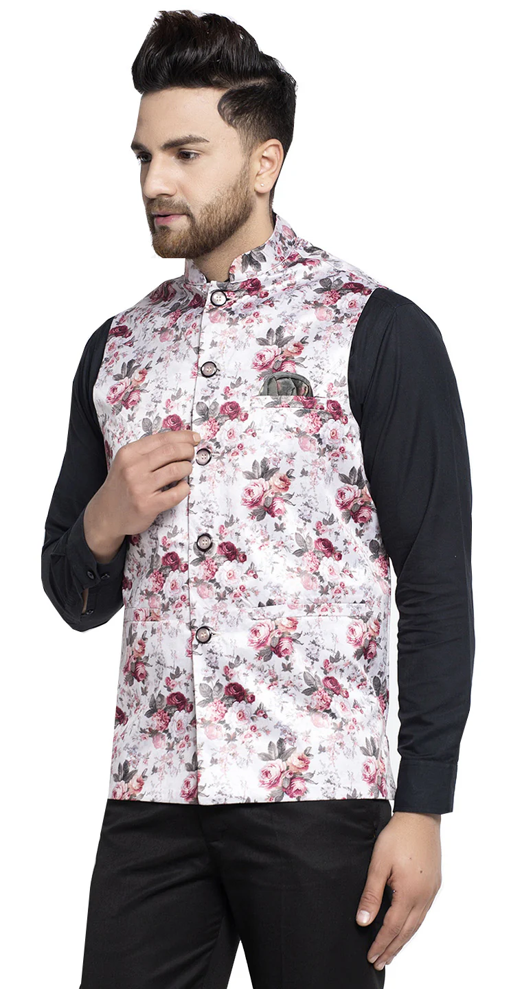 Stylish Floral Jawahar Jacket for Men with Mandarin Collar (Silver-Pink) - Image 2