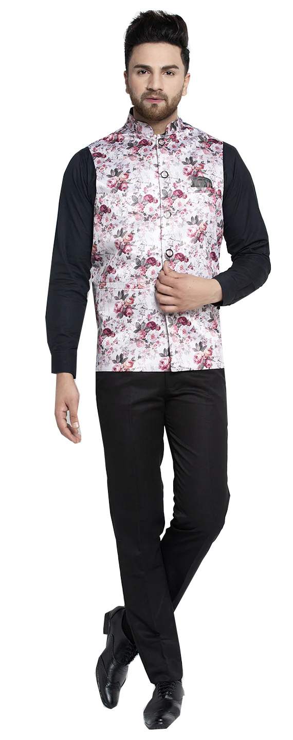 Stylish Floral Jawahar Jacket for Men with Mandarin Collar (Silver-Pink) - Image 3