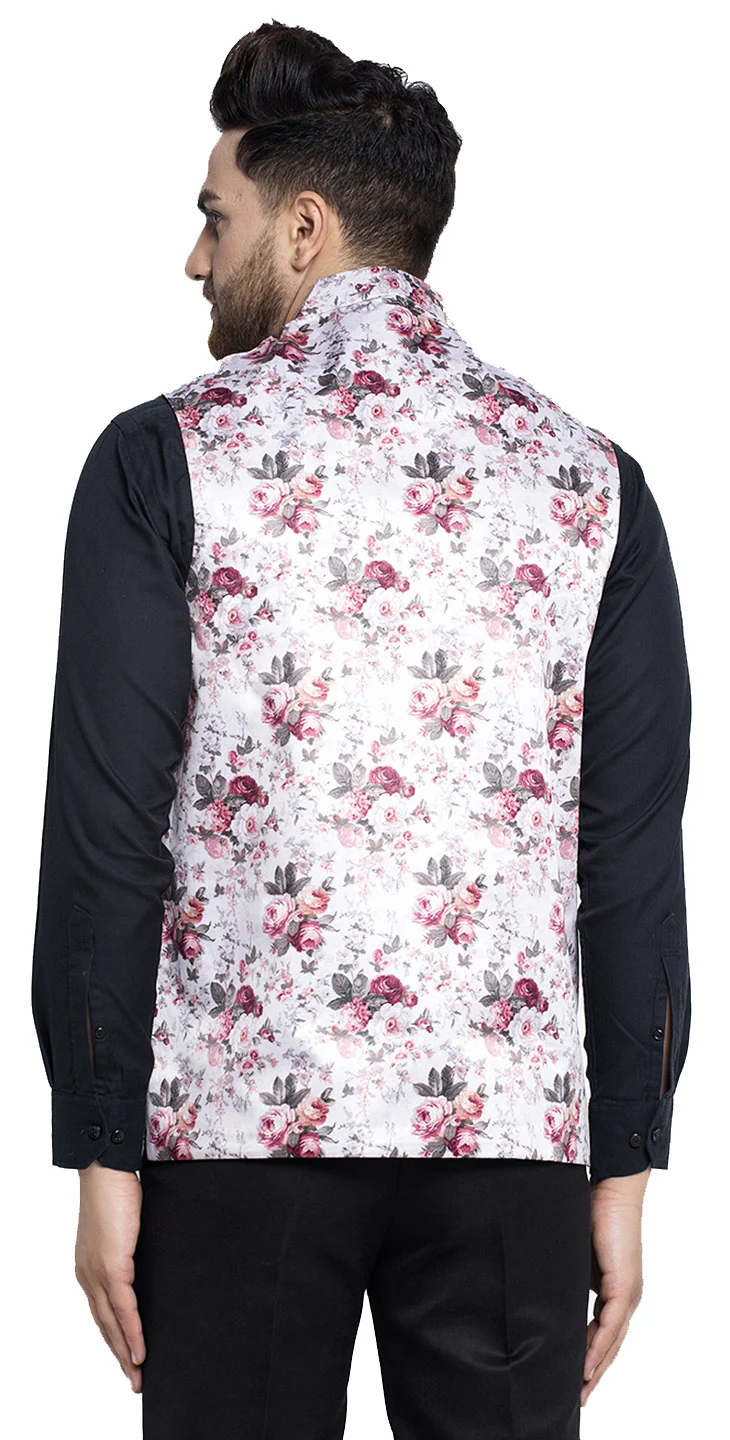 Stylish Floral Jawahar Jacket for Men with Mandarin Collar (Silver-Pink) - Image 4